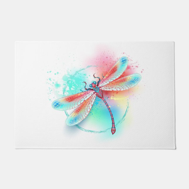 Red dragonfly on watercolor background doormat (Front)