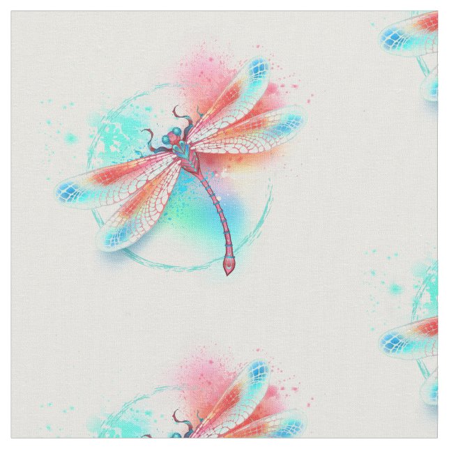 Red dragonfly on watercolor background fabric (Close Up)