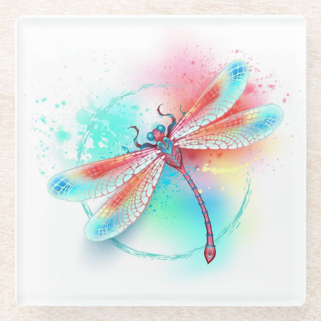 Red dragonfly on watercolor background glass coaster (Front)