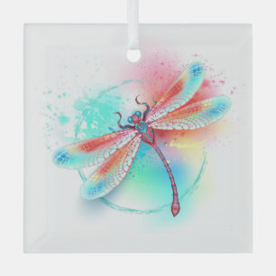 Red dragonfly on watercolor background glass tree decoration