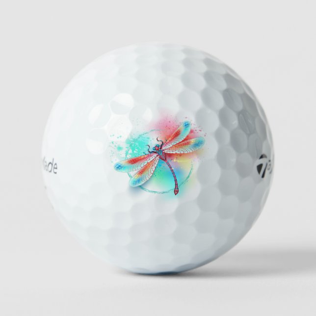 Red dragonfly on watercolor background golf balls (Front)