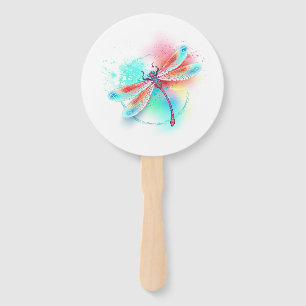 Red dragonfly on watercolor background hand fan
