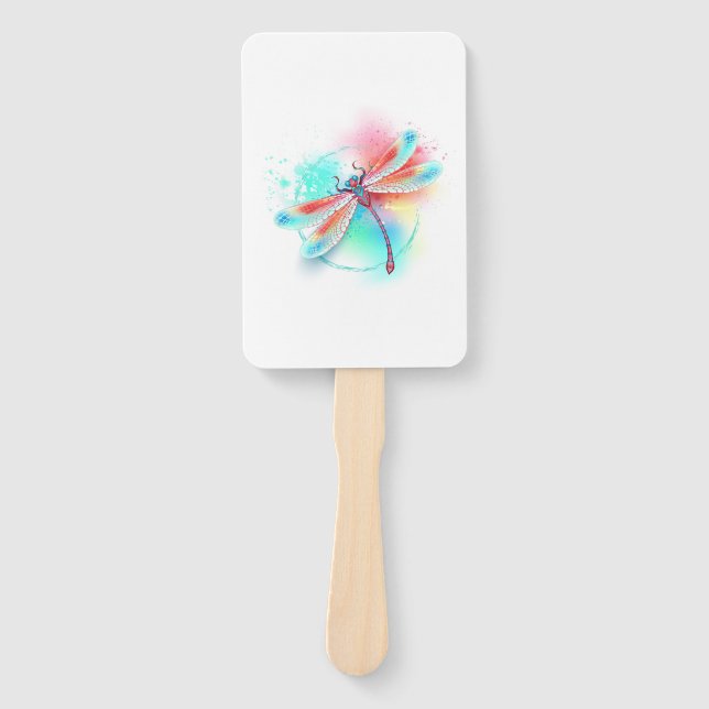 Red dragonfly on watercolor background hand fan (Front)