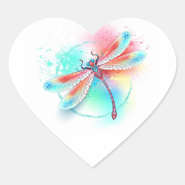 Red dragonfly on watercolor background heart sticker (Front)