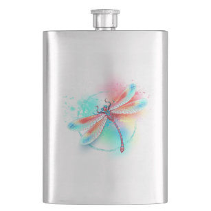 Red dragonfly on watercolor background hip flask