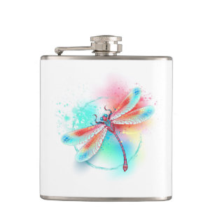 Red dragonfly on watercolor background hip flask