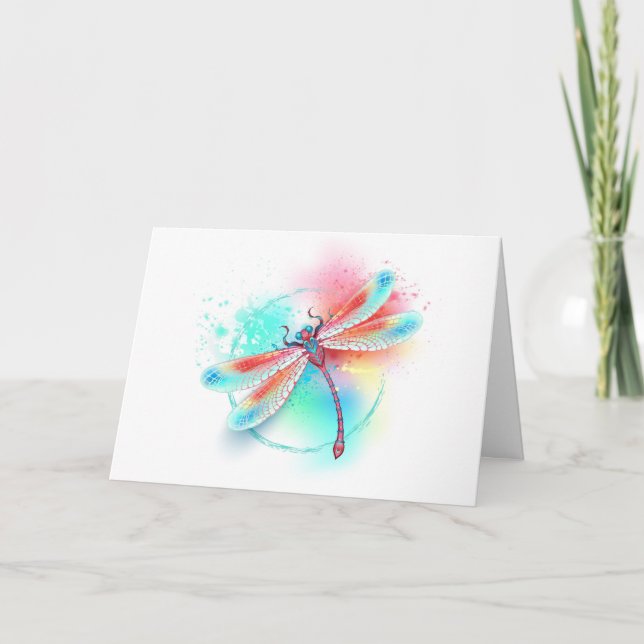Red dragonfly on watercolor background invitation (Front)
