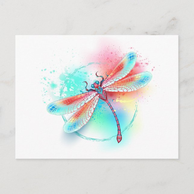 Red dragonfly on watercolor background invitation postcard (Front)