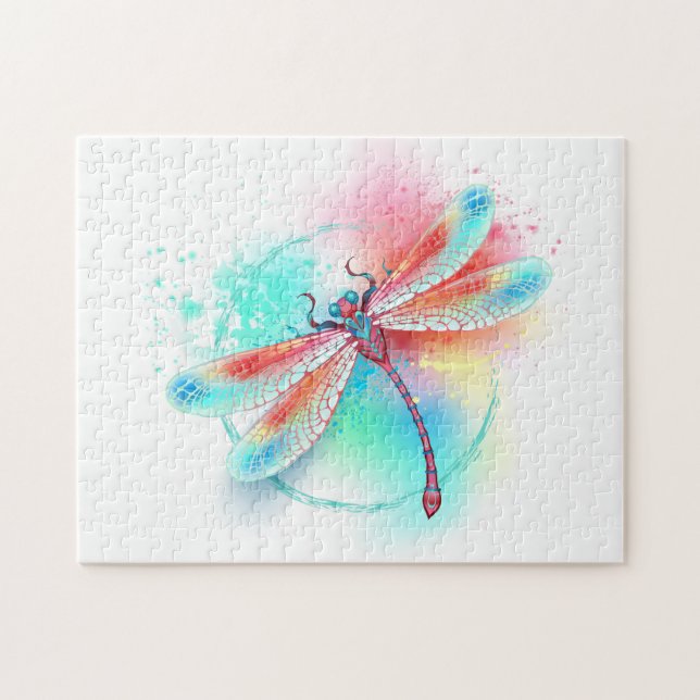 Red dragonfly on watercolor background jigsaw puzzle (Horizontal)