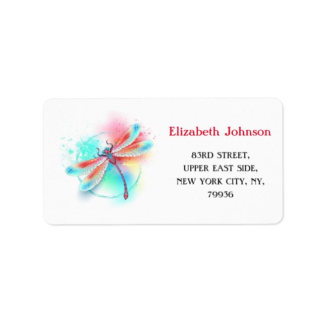 Red dragonfly on watercolor background label (Front)