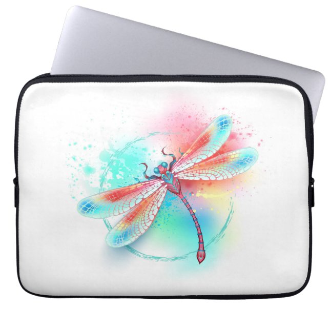 Red dragonfly on watercolor background laptop sleeve (Front)