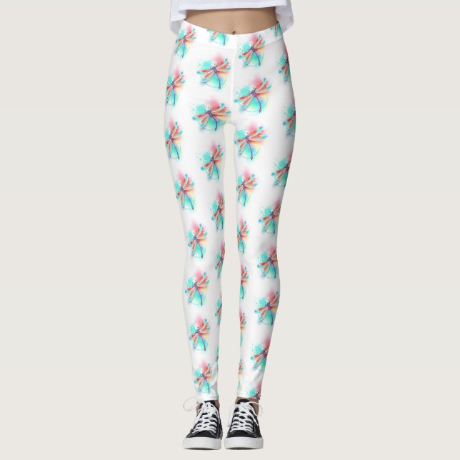 Red dragonfly on watercolor background leggings (Front)
