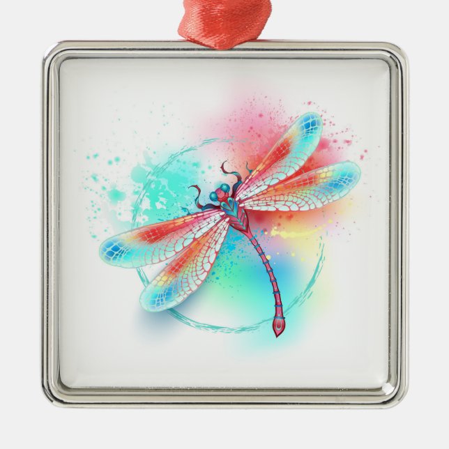 Red dragonfly on watercolor background metal ornament (Front)