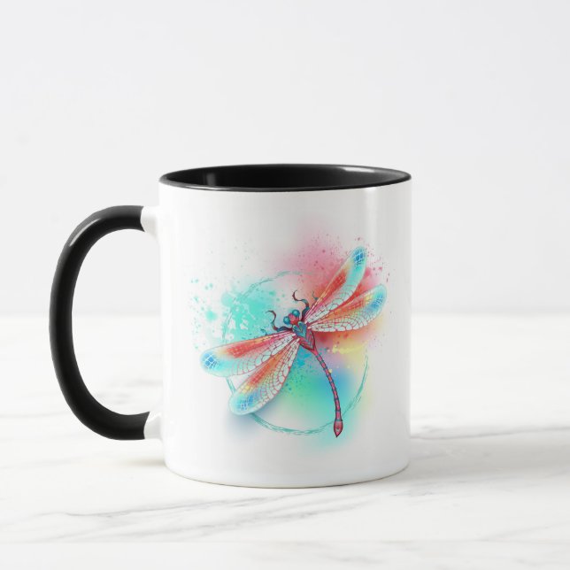 Red dragonfly on watercolor background mug (Left)