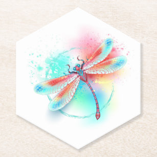 Red dragonfly on watercolor background paper coaster