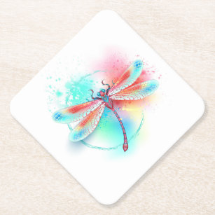 Red dragonfly on watercolor background paper coaster
