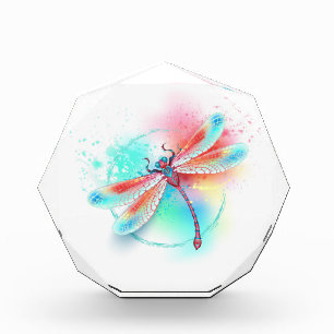 Red dragonfly on watercolor background photo block