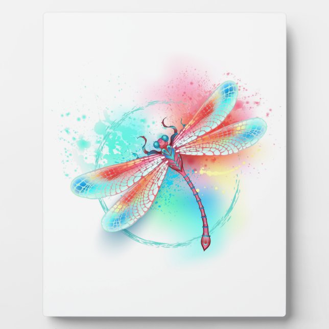 Red dragonfly on watercolor background plaque (Front)