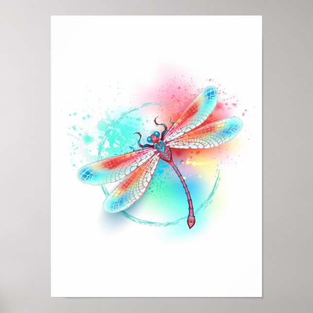 Red dragonfly on watercolor background poster (Front)