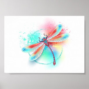 Red dragonfly on watercolor background poster