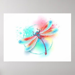 Red dragonfly on watercolor background poster