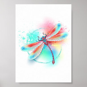 Red dragonfly on watercolor background poster