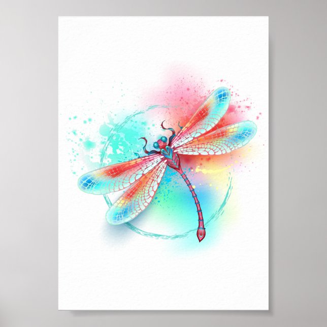Red dragonfly on watercolor background poster (Front)