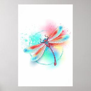Red dragonfly on watercolor background poster