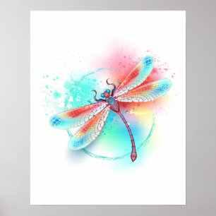 Red dragonfly on watercolor background poster