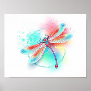 Red dragonfly on watercolor background poster