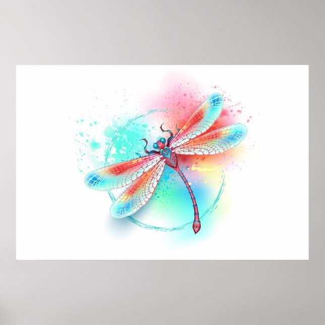 Red dragonfly on watercolor background poster (Front)