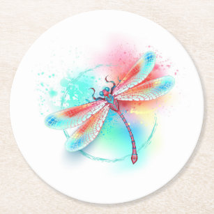 Red dragonfly on watercolor background round paper coaster
