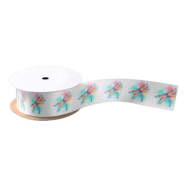 Red dragonfly on watercolor background satin ribbon (Spool)