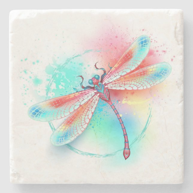 Red dragonfly on watercolor background stone coaster (Front)