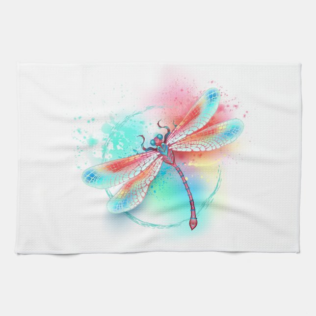 Red dragonfly on watercolor background tea towel (Horizontal)