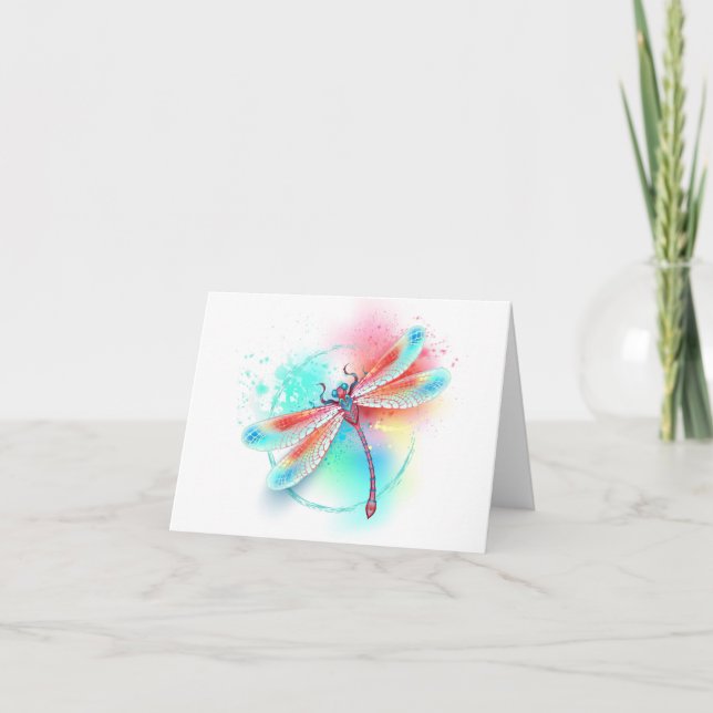 Red dragonfly on watercolor background thank you card (Front)
