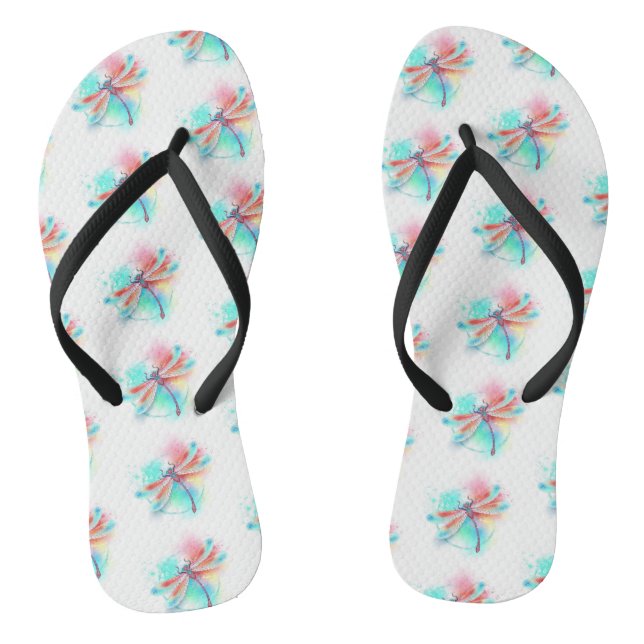 Red dragonfly on watercolor background thongs (Footbed)
