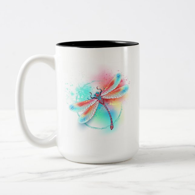 Red dragonfly on watercolor background Two-Tone coffee mug (Left)