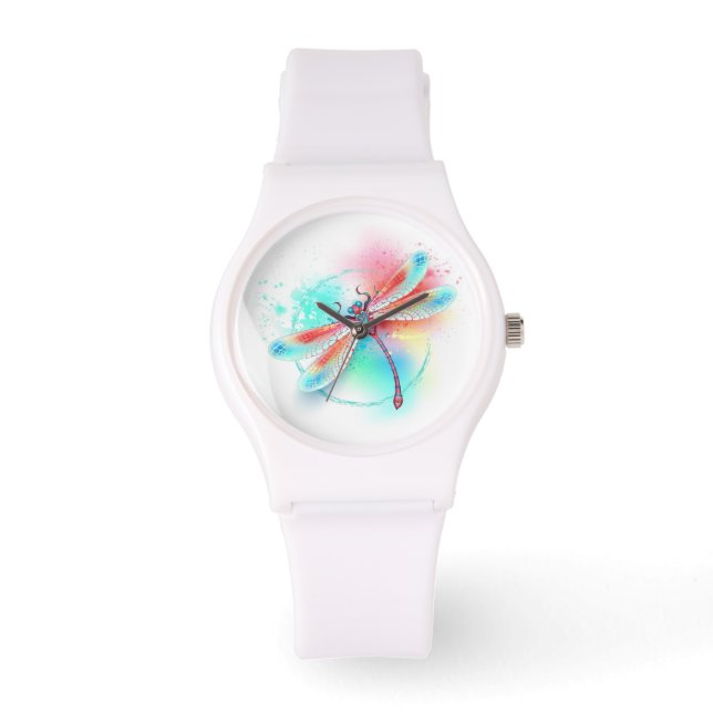 Red dragonfly on watercolor background watch (Front)