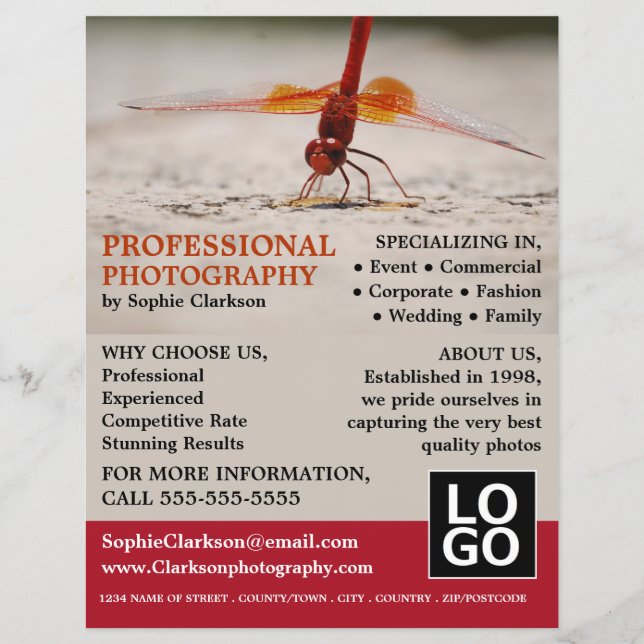 Red Dragonfly, Photography, Photographer Hire Flyer (Front)