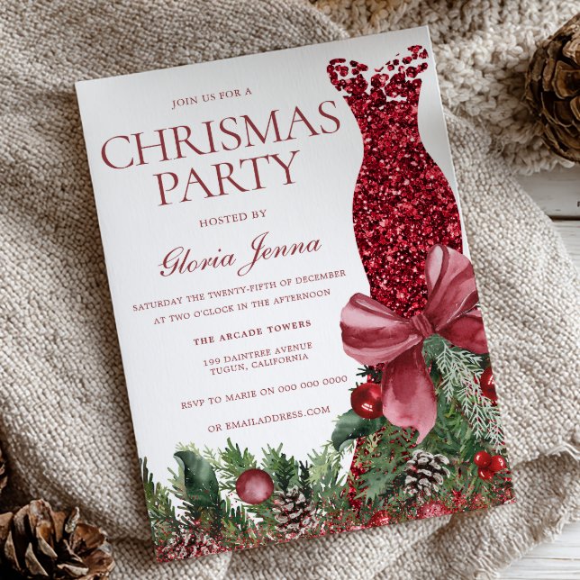 Red Dress and Bow Festive Christmas Party Invitation (Creator Uploaded)