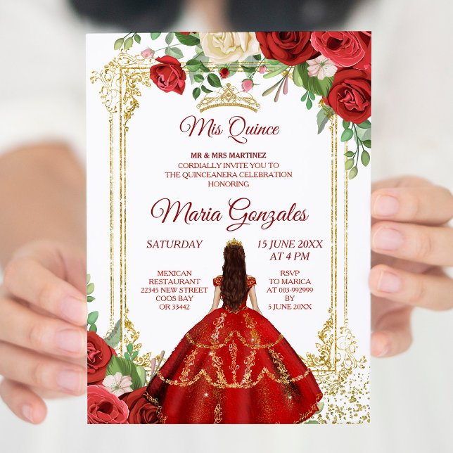 Red Dress and Rose Mexican Mis Quince 2 Invitation (Creator Uploaded)