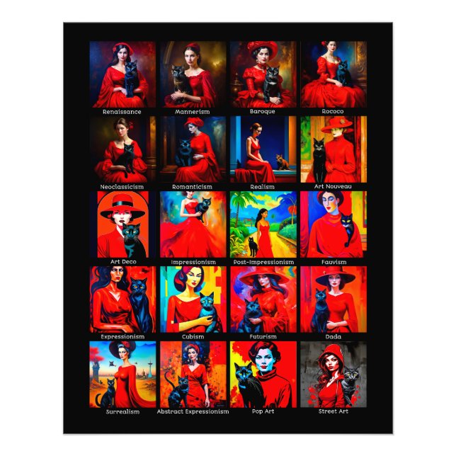 Red Dress Black Cat Art Movements Photo Print (Front)