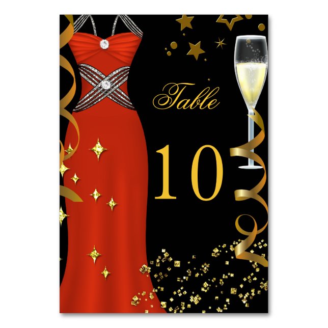 Red Dress Black Gold Table Number Card (Front)