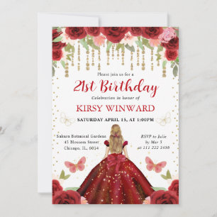 Red Dress Blonde Haired Princess 21st Birthday  Invitation