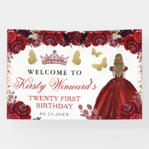Red Dress Blonde Haired Princess Floral Birthday Banner