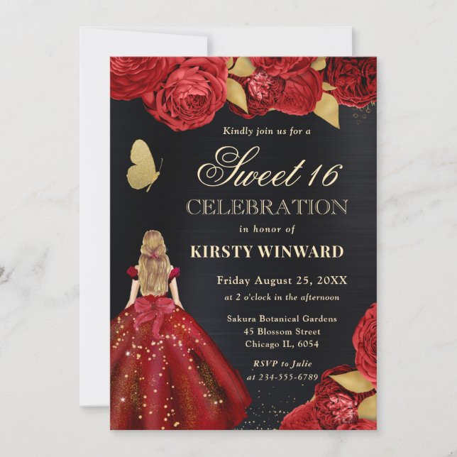 Red Dress Blonde Woman Flowers Sweet 16 Invitation (Front)