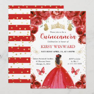 Red Dress Brunette Hair Princess Quinceanera Invitation