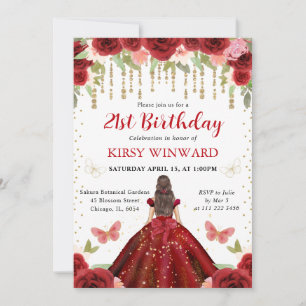Red Dress Brunette Haired Princess 21st Birthday  Invitation