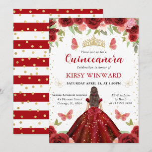 Red Dress Brunette Princess Quinceanera Invitation